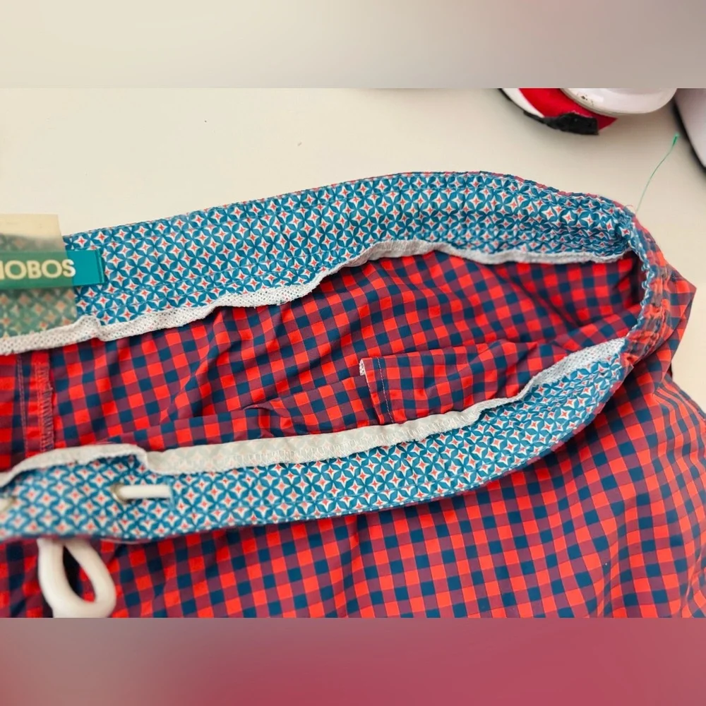 BONOBOS Mens Red & Navy Blue Plaid Check Swim Shorts Trunks